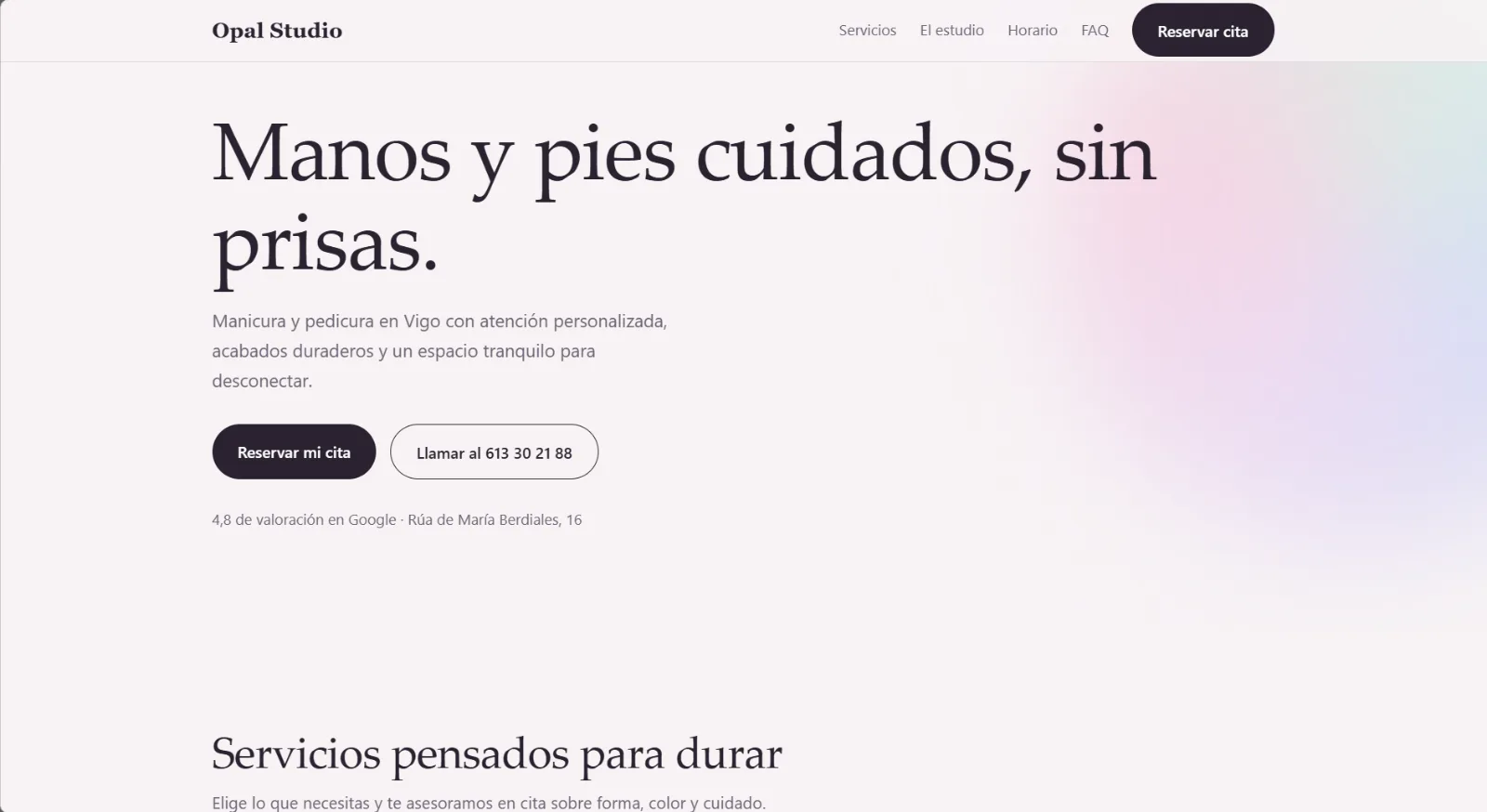 Portada de la web de Opal Studio, manicura y pedicura en Vigo